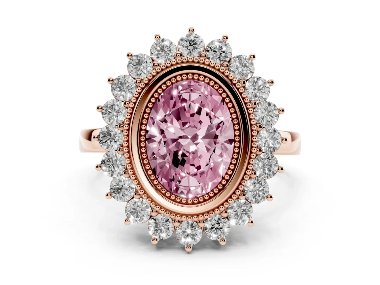 Fancy Pink Oval Cut Diamond Halo Ring Set in Rose gold with Milgrain Edge and Round Prong Setting
