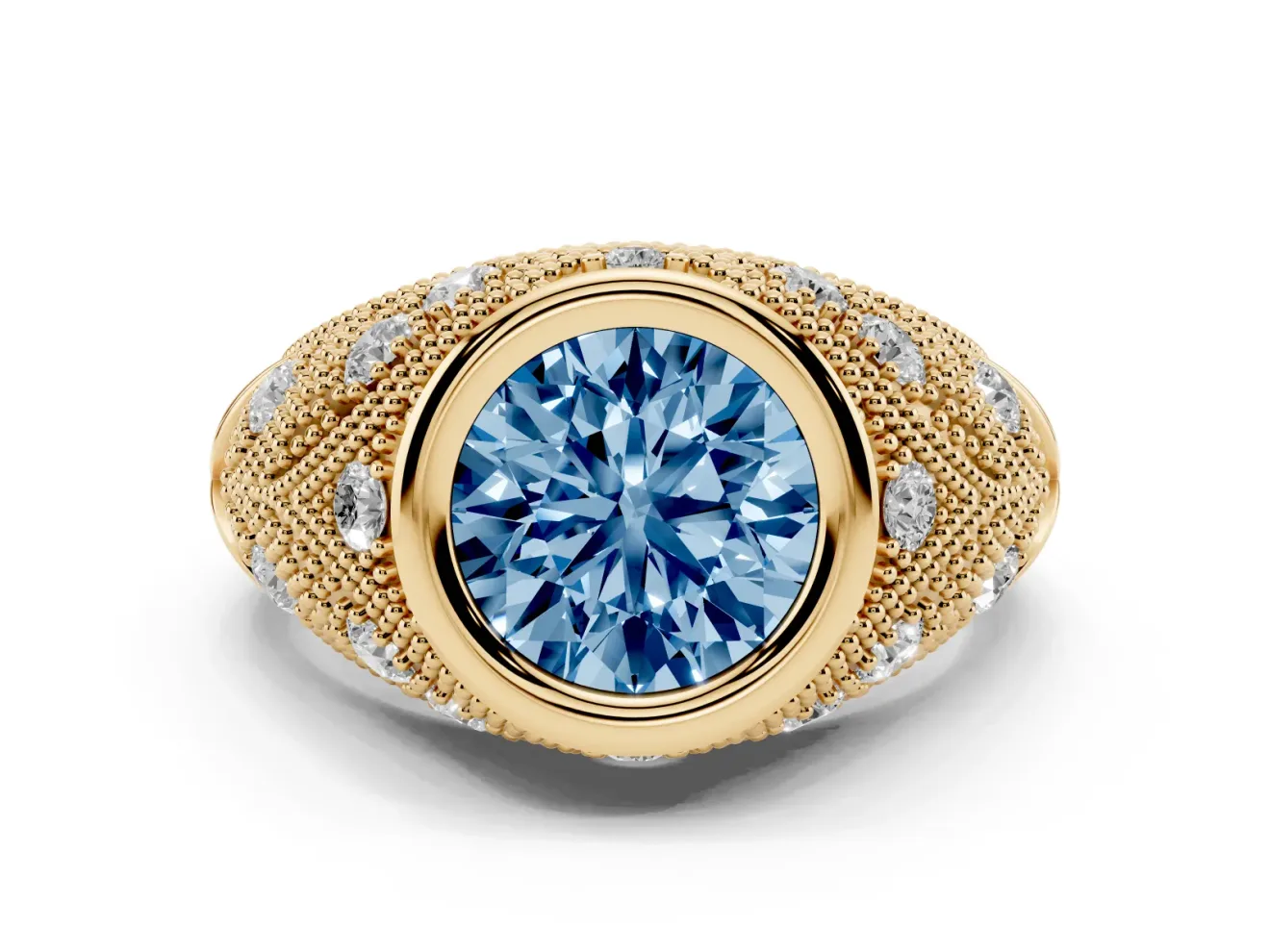 Fancy Blue Round Cut Diamond Bezel Ring Set in Yellow gold with Milgrain Accent Band