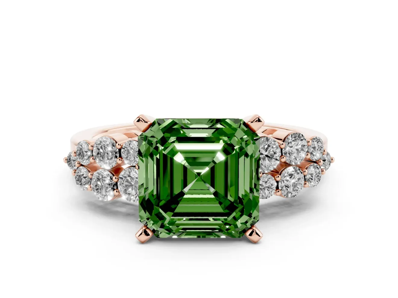 Fancy Green Asscher Cut Diamond Cluster Engagement Ring Set in Rose gold with Pavé Band and Prong Setting