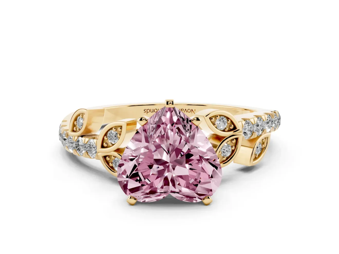 Heart-Shaped Leaf Pavé Engagement Ring Setting for a Fancy Pink Lab-Grown Diamond | Yellow Gold