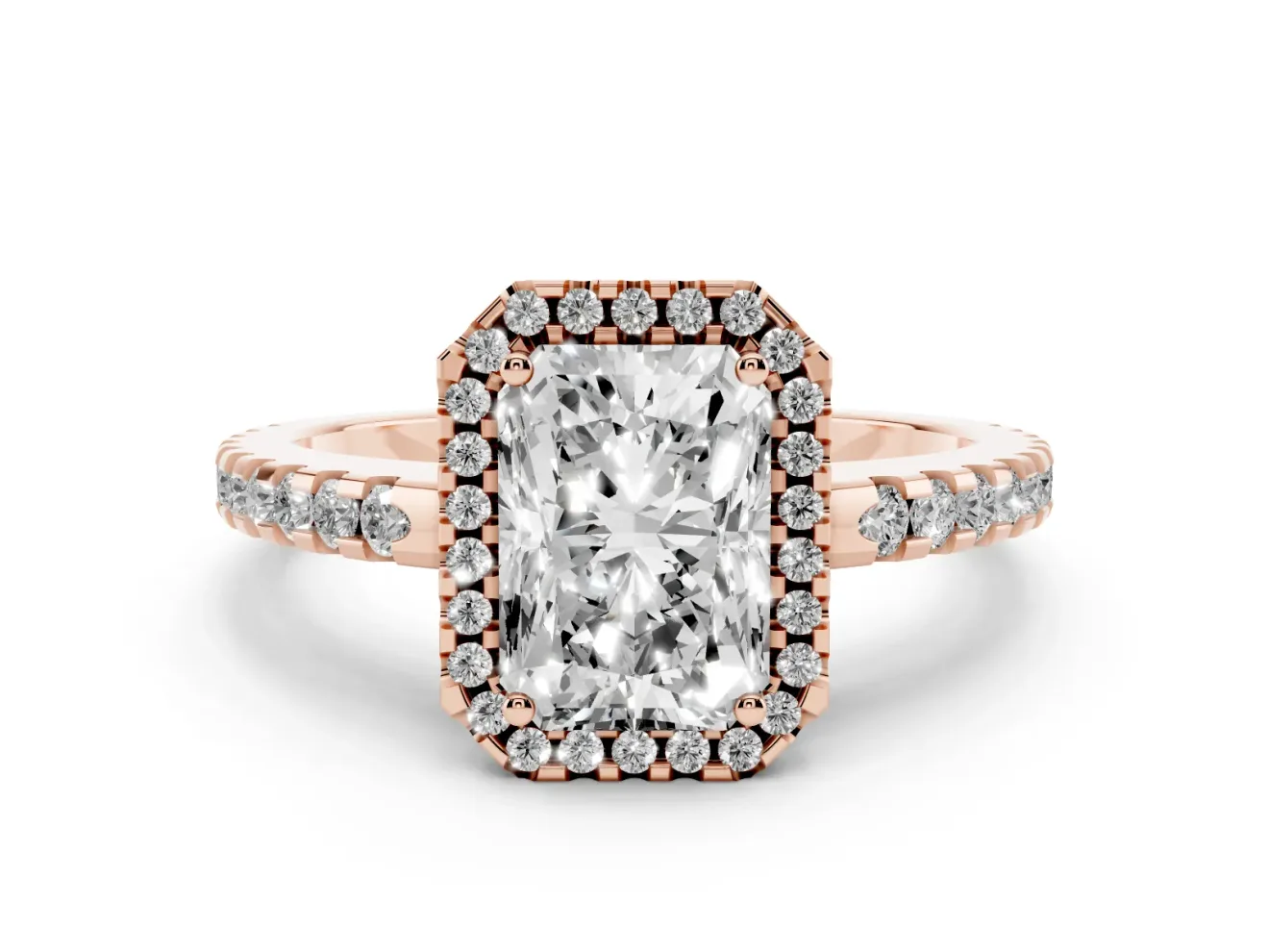 Radiant Cut Halo Engagement Ring Setting | Half Pave Band | Rose Gold