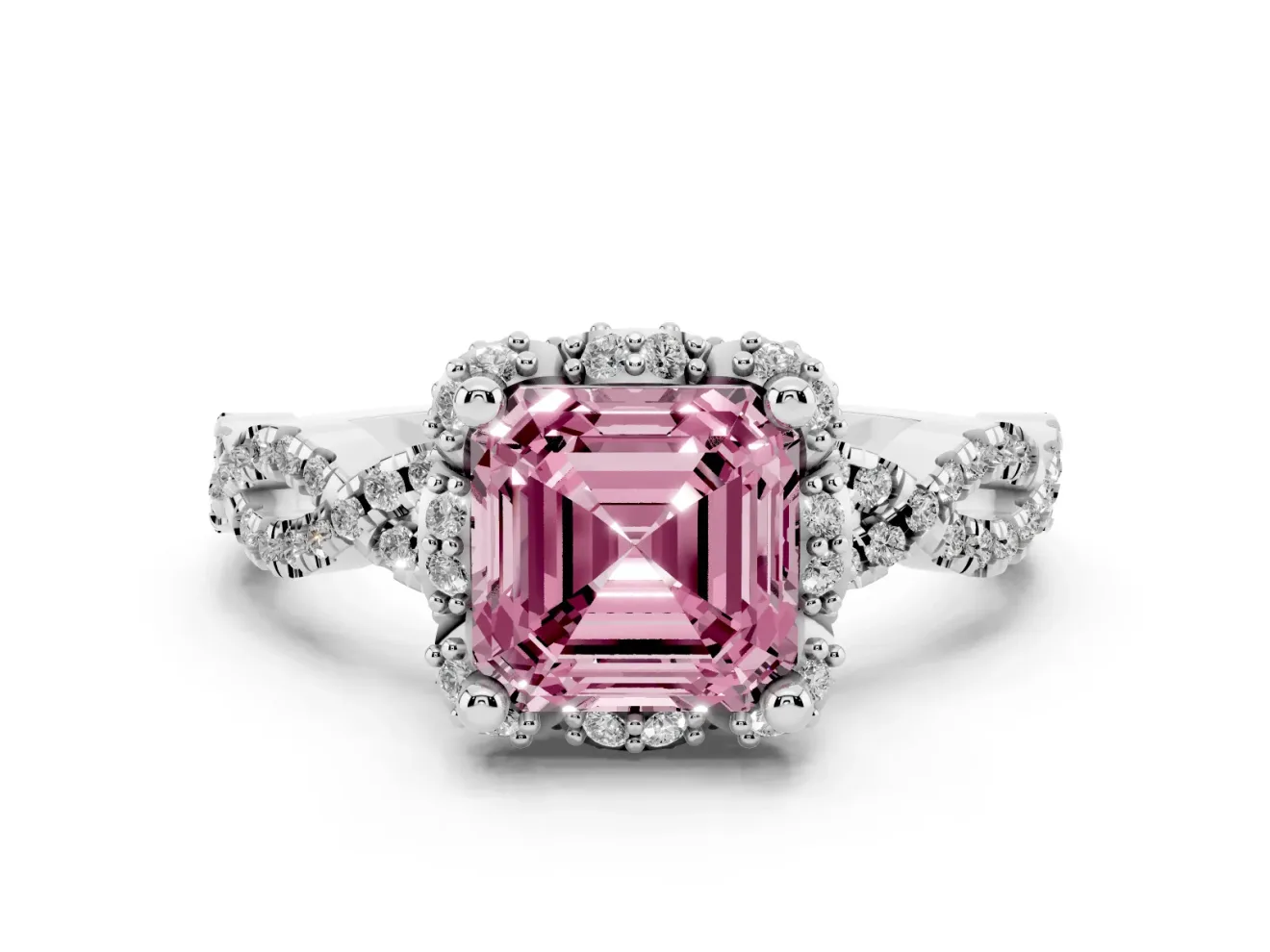Fancy Pink Asscher Cut Diamond Halo Twist Band Solitaire Ring Set in Platinum with Prong-Set Center Stone