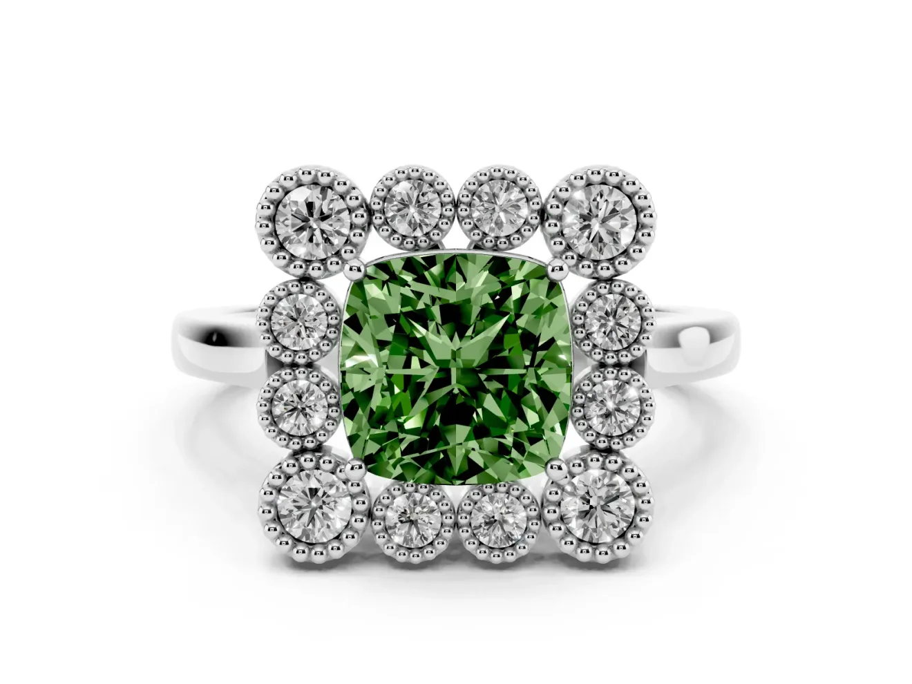 Cushion Cut Milgrain Cluster Halo Engagement Ring Setting for a Fancy Green Lab-Grown Diamond | Plain Band | White Gold