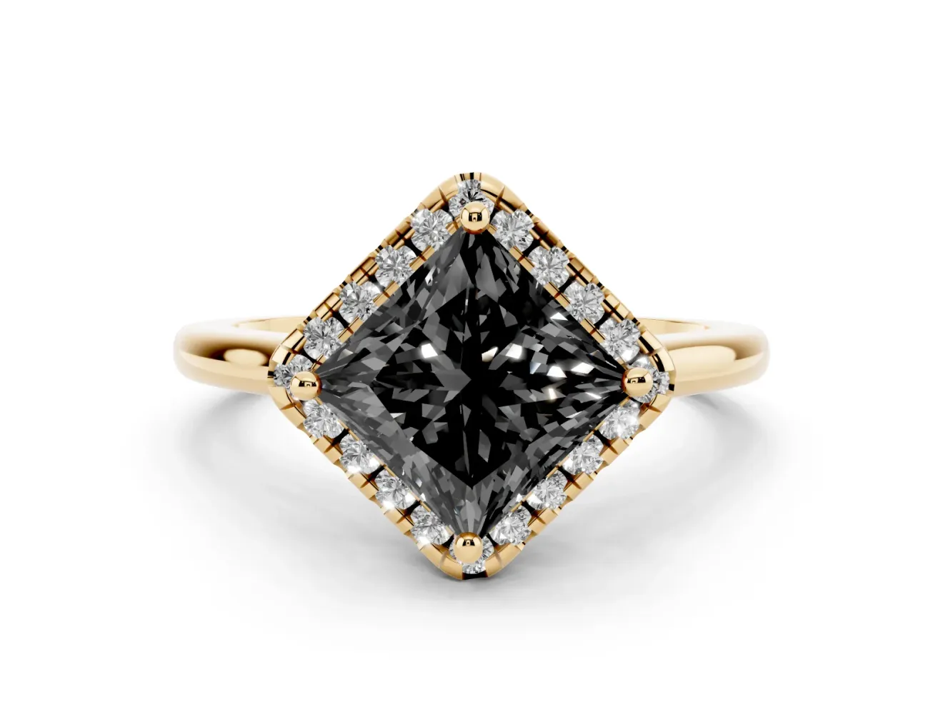 Princess Cut Halo Engagement Ring Setting for a Black Center | Plain Polished Band | Yellow Gold