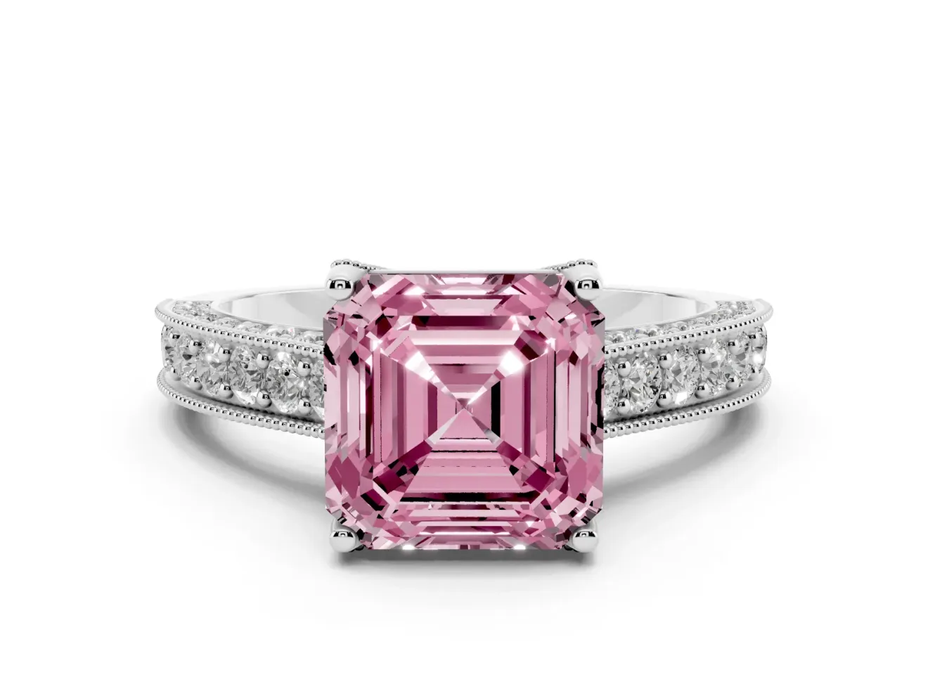 Asscher Cut Hidden Halo Engagement Ring Setting for a Fancy Pink Lab-Grown Diamond | Milgrain Pave | White Gold