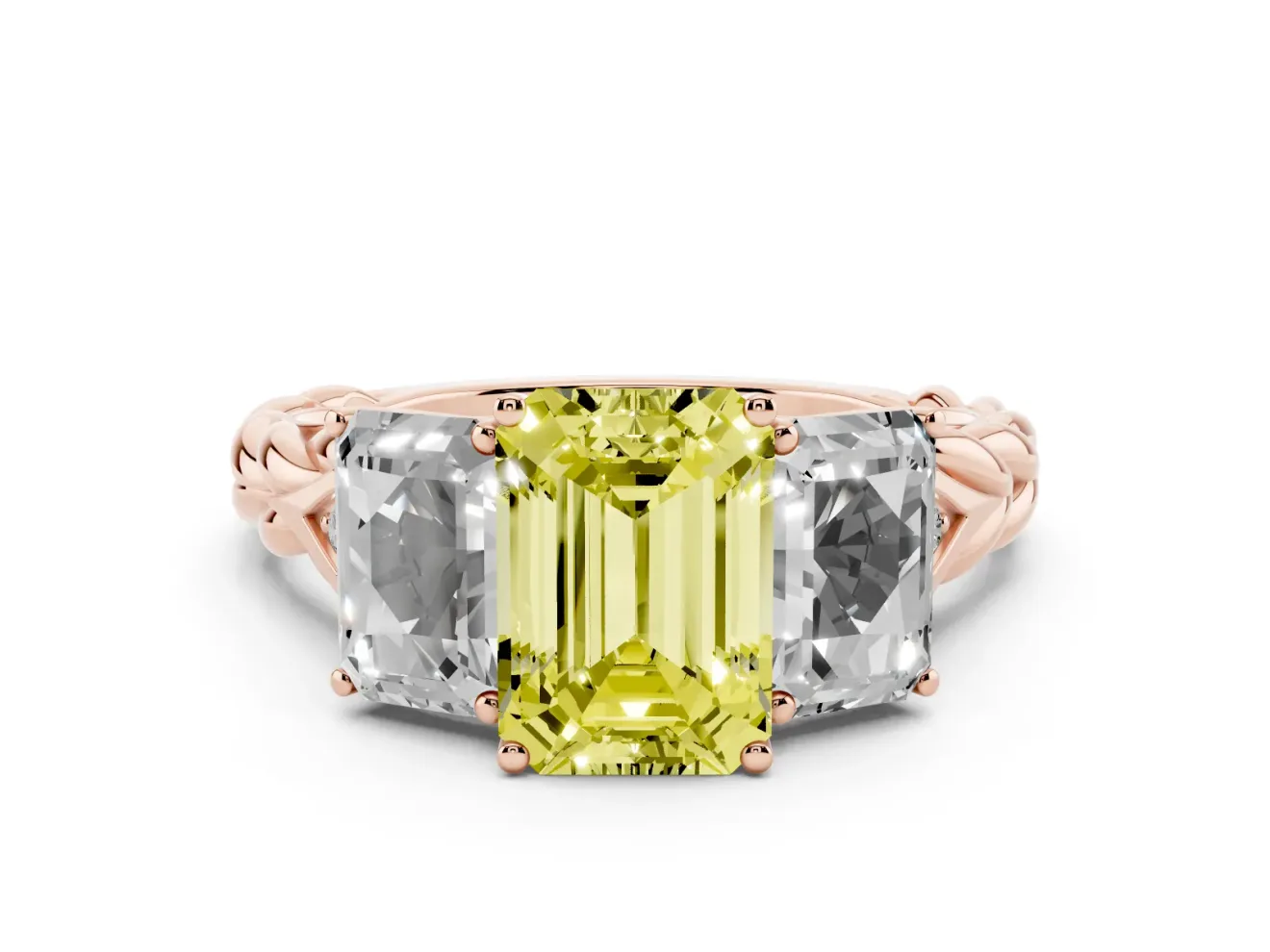 Fancy Yellow Emerald Cut Diamond Three-Stone Ring Set in Rose gold with Braided Band