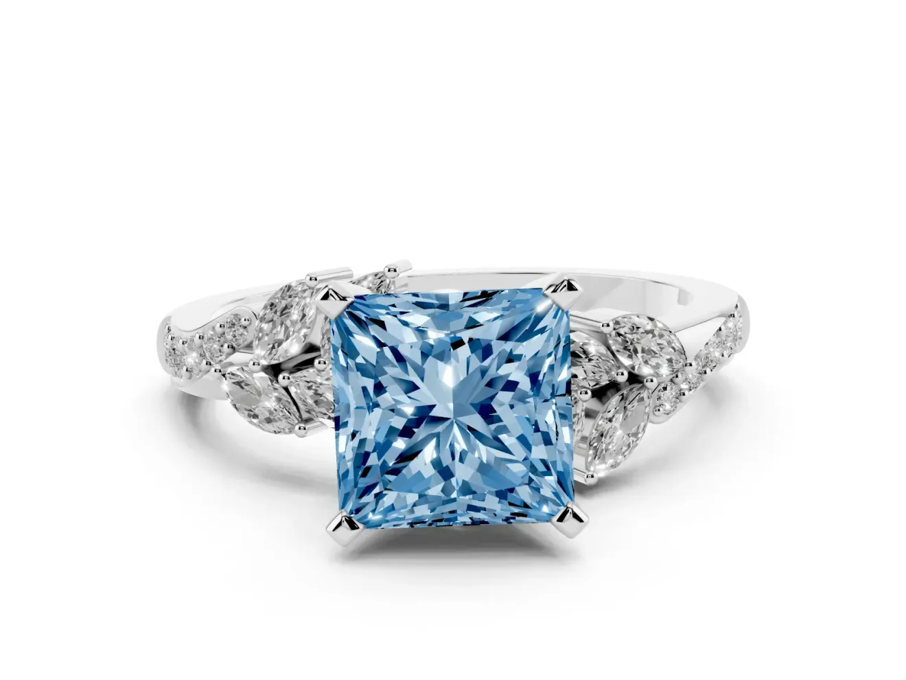 Princess Cut Floral Engagement Ring Setting for a Fancy Blue Lab-Grown Diamond | Marquise Side Stones | Sterling Silver