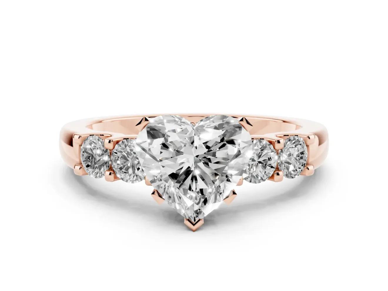 Heart-Shaped Five Stone Engagement Ring Setting | Prong-Set Side Stones | Rose Gold