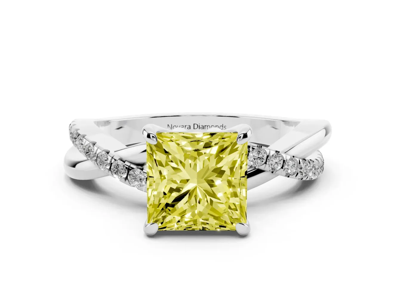 Fancy Yellow Princess Cut Diamond Twist Band Solitaire Set in White gold with Pavé Accents and Prong Setting