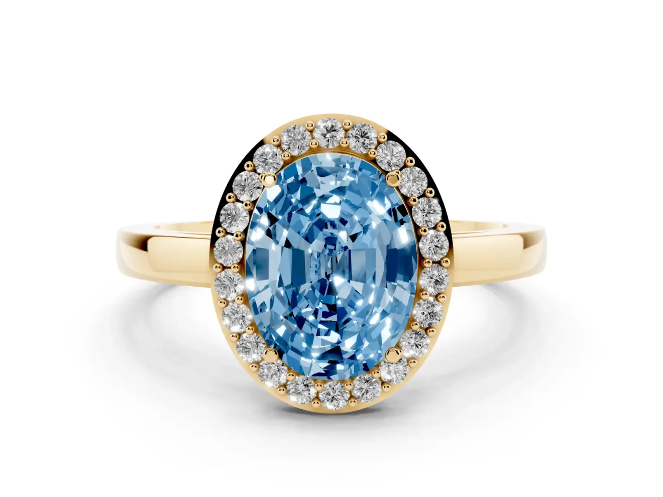Fancy Blue Oval Cut Diamond Halo Ring Set in Yellow gold with Solitaire Band and Prong Setting