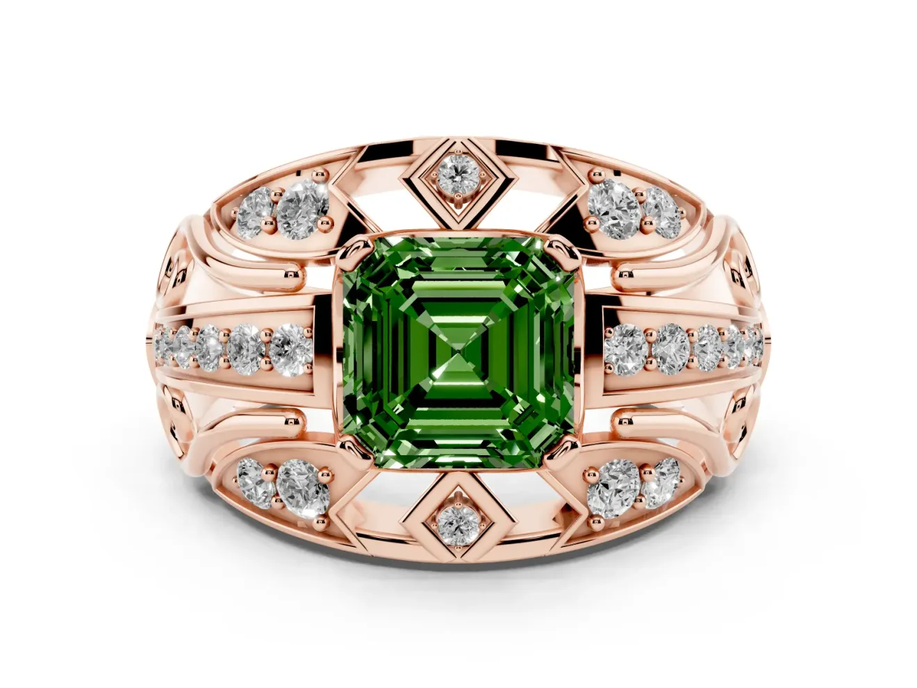 Asscher Cut Art Deco Engagement Ring Setting for a Fancy Green Lab-Grown Diamond | Rose Gold