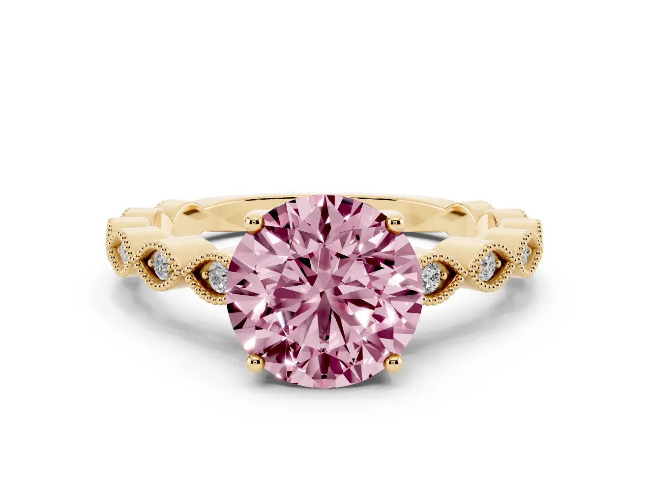 Fancy Pink Round Cut Diamond Solitaire Ring Set in Yellow gold with Infinity Twist Pavé Band