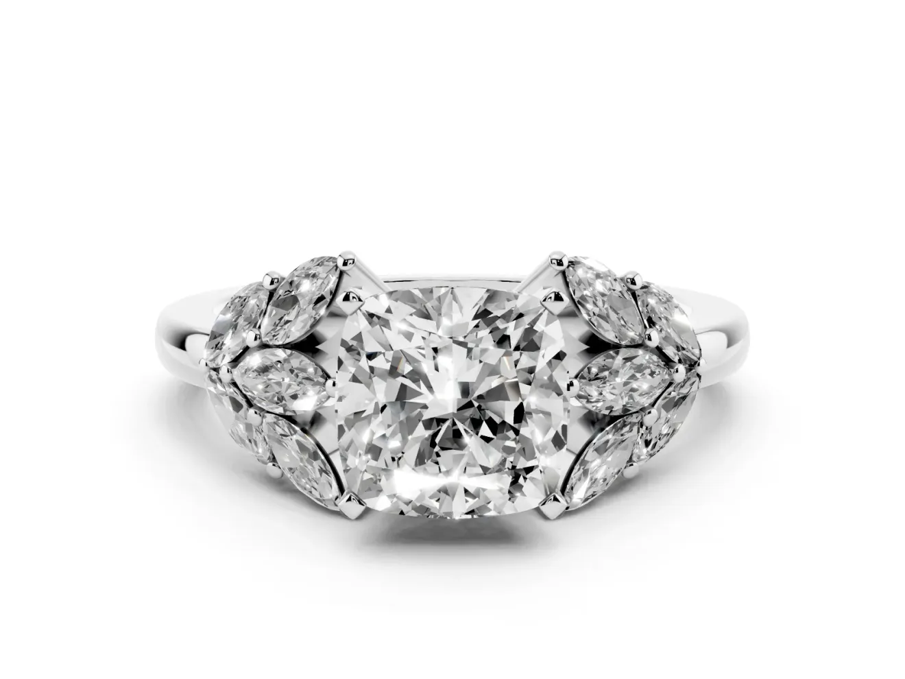 Cushion Cut Diamond Cluster Leaf Design Ring Set in Silver with Prong Setting