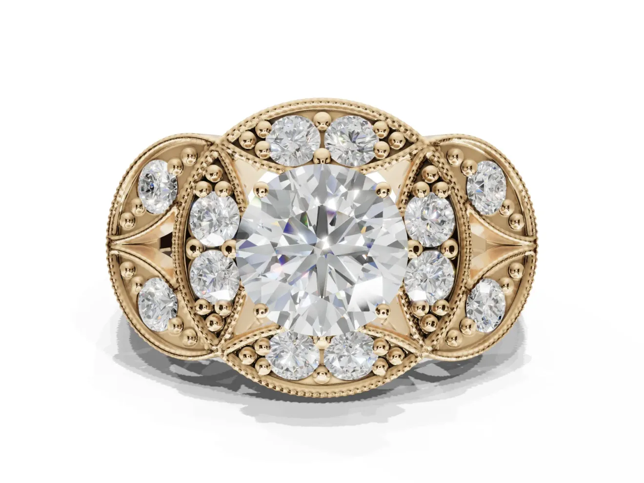 Round Vintage Floral Halo Engagement Ring Setting | Engraved Milgrain Band | Yellow Gold