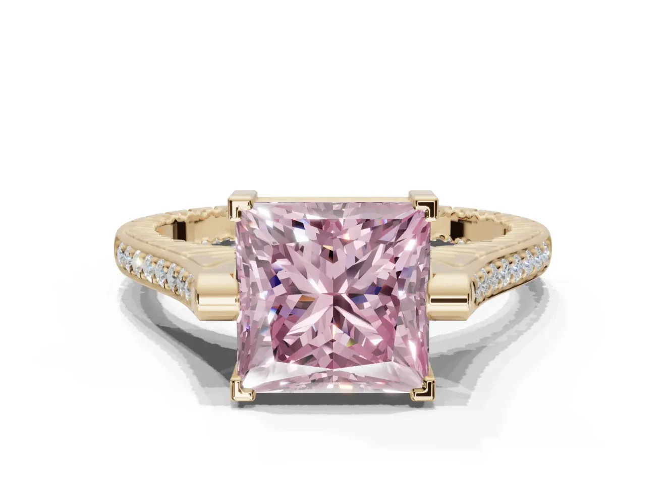 Princess Cut Vintage Cathedral Engagement Ring Setting for a Fancy Pink Lab-Grown Diamond | Carved Band | Yellow Gold