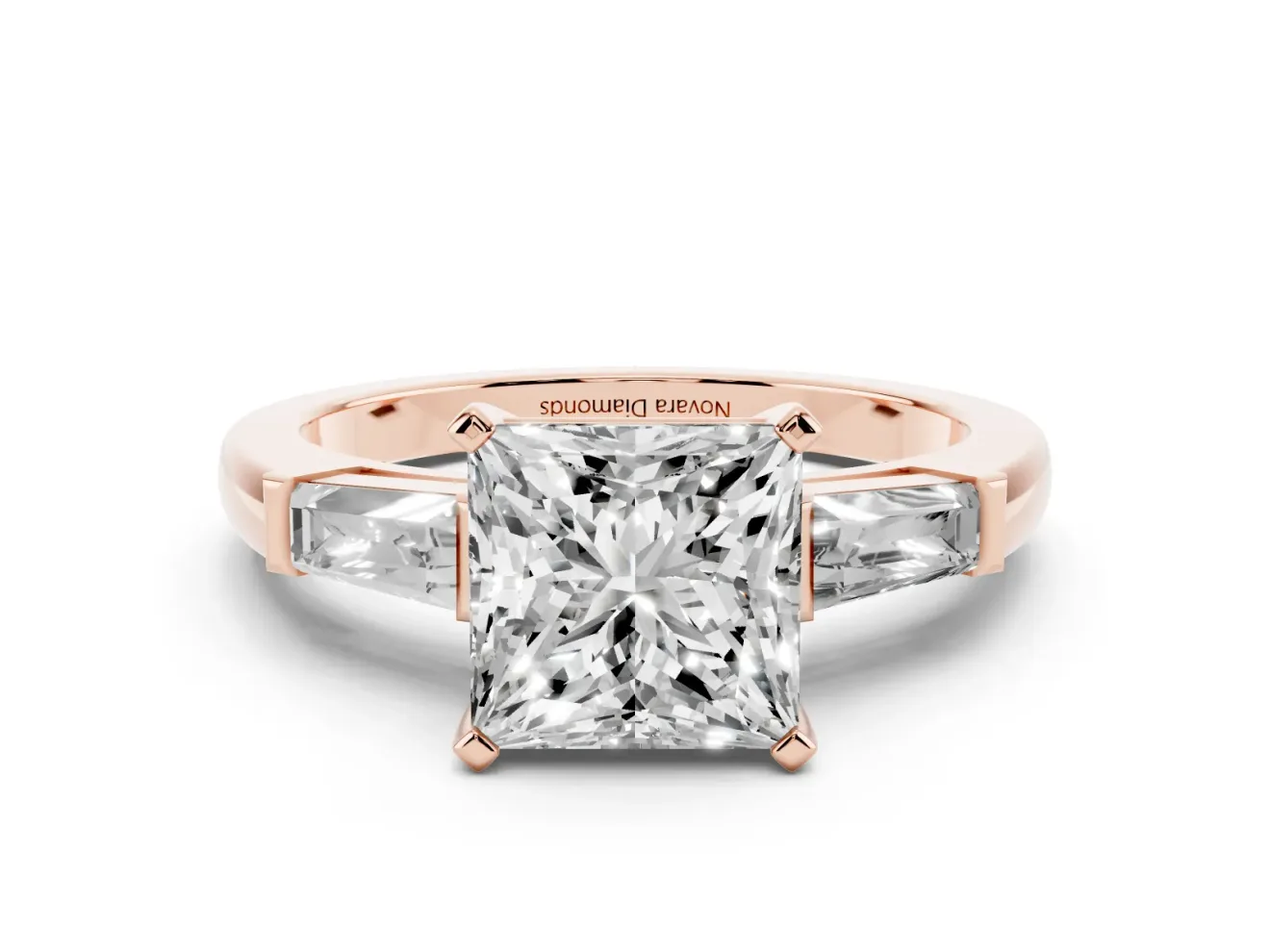 Princess Cut Three Stone Engagement Ring Setting | Tapered Baguettes | Rose Gold