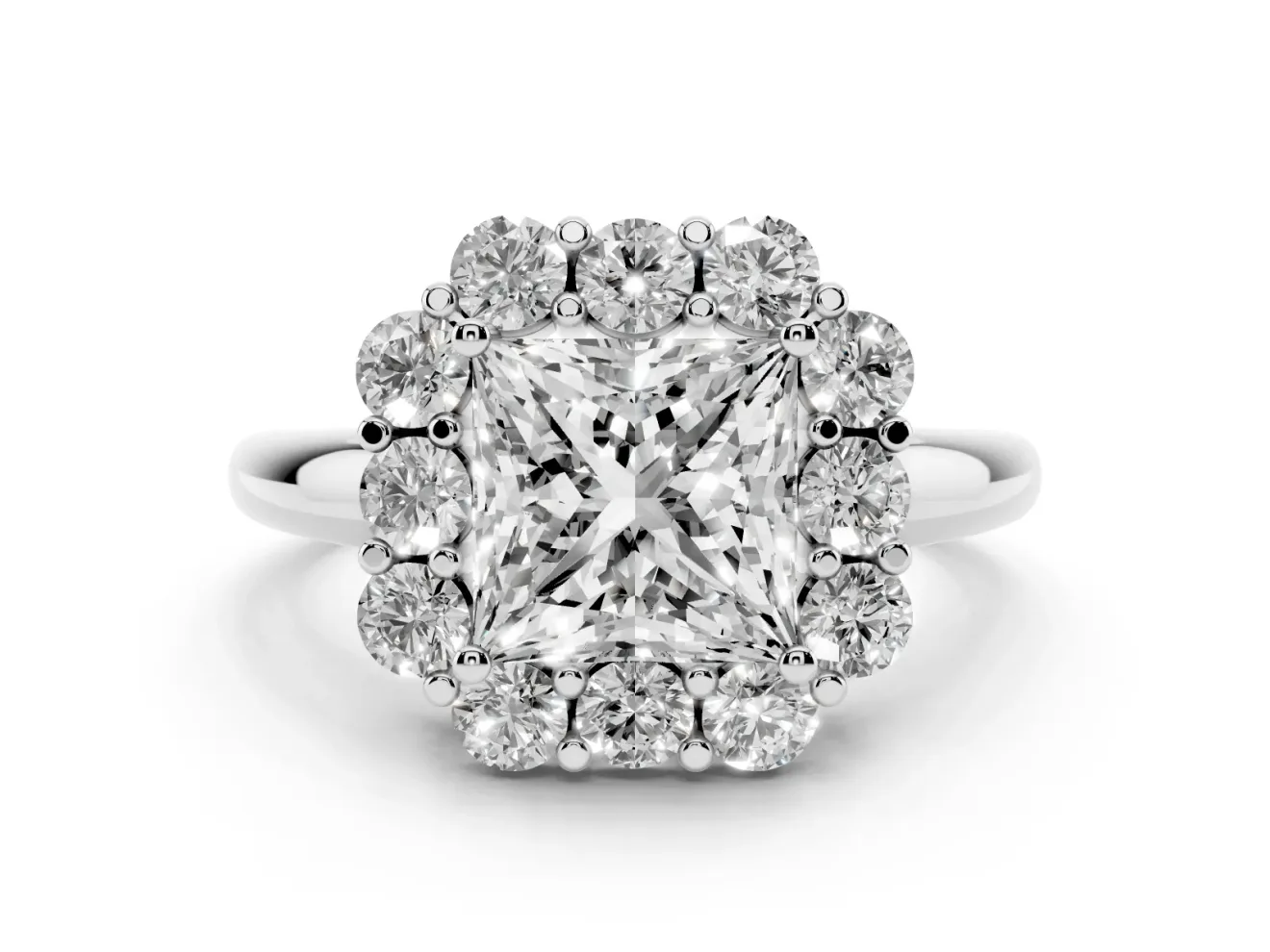 Princess Cut Milgrain Halo Engagement Ring Setting | Graduated Bezel Accents | White Gold
