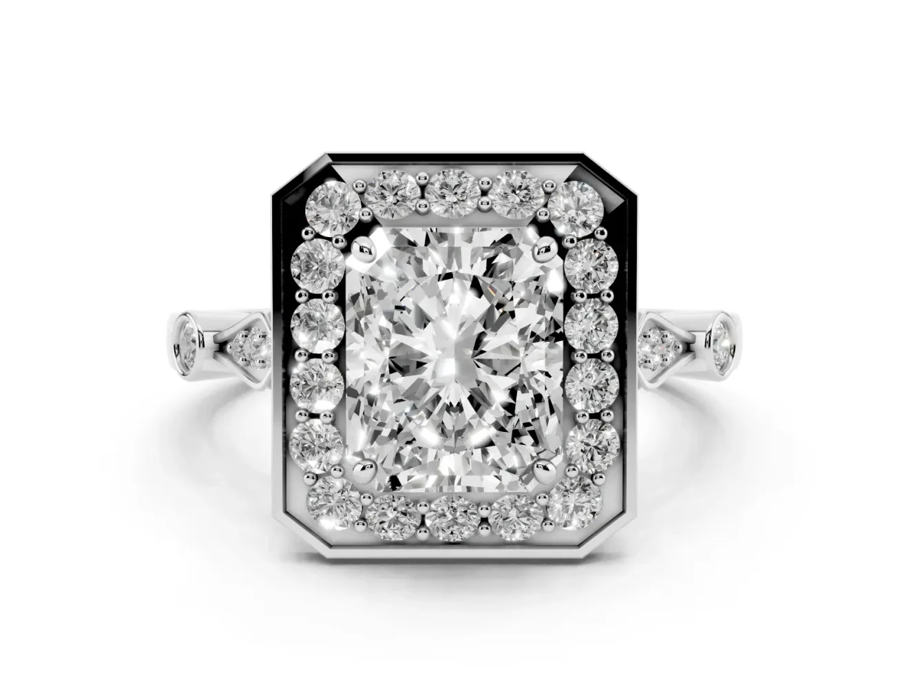 Radiant Cut Vintage Halo Engagement Ring Setting | Bezel Station Shoulders | White Gold