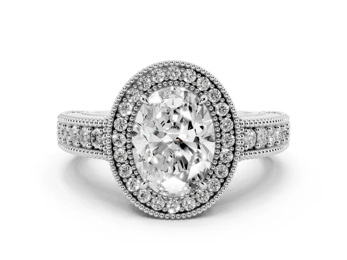 Oval Cut Diamond Halo Ring Set in Silver with Round Accent Halo, Pavé Band and Prong Setting