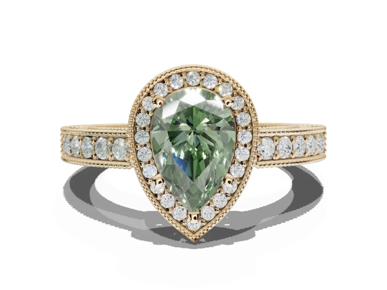 Pear-Shaped Milgrain Halo Engagement Ring Setting for a Fancy Green Lab-Grown Diamond | Wide Pavé Band | Yellow Gold