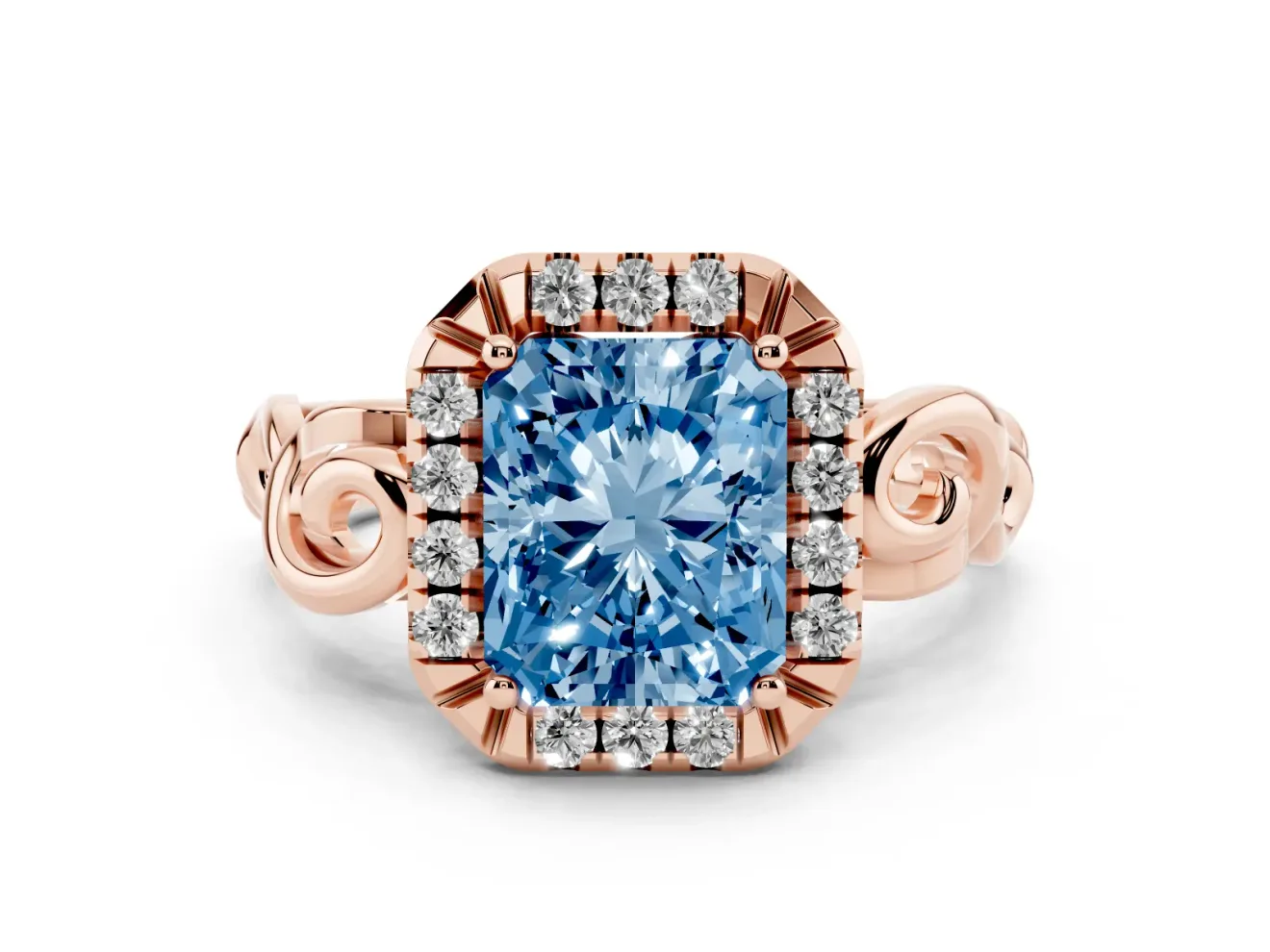 Fancy Blue Radiant Cut Diamond Halo Ring Set in Rose gold with Scrollwork Band and Prong Setting