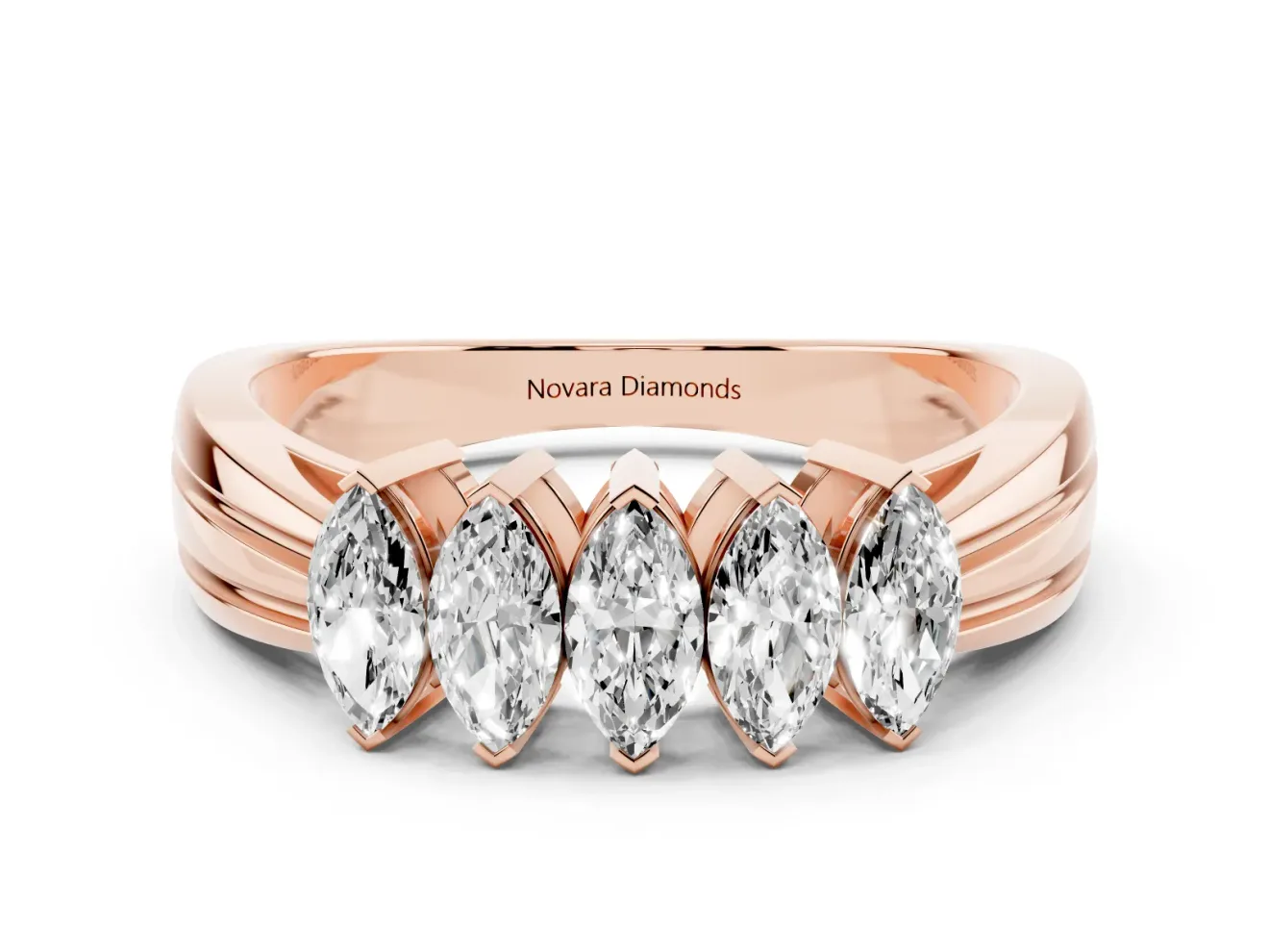 Marquise Lab-Grown Diamond North-South Wedding Band | Ribbed Shoulders | Rose Gold