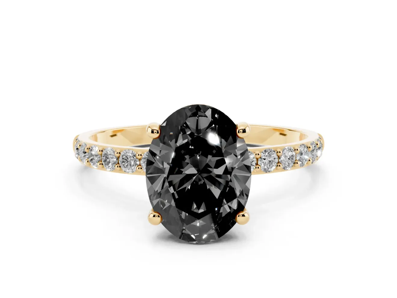 Fancy Black Oval Cut Diamond Solitaire Ring Set in Yellow gold with Round Pavé Band and Prong Setting
