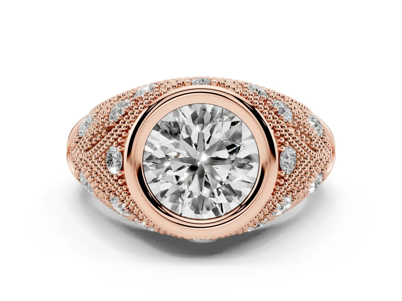 Round Vintage Bezel Engagement Ring Setting | Beaded Paisley Shoulders | Rose Gold