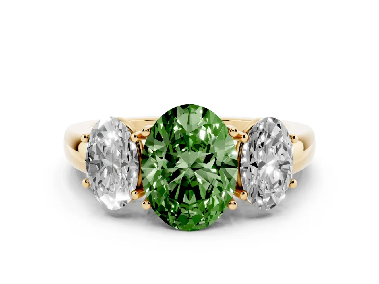 Fancy Green Oval Cut Diamond Three-Stone Ring Set in Yellow gold with Bold Center and Classic Band