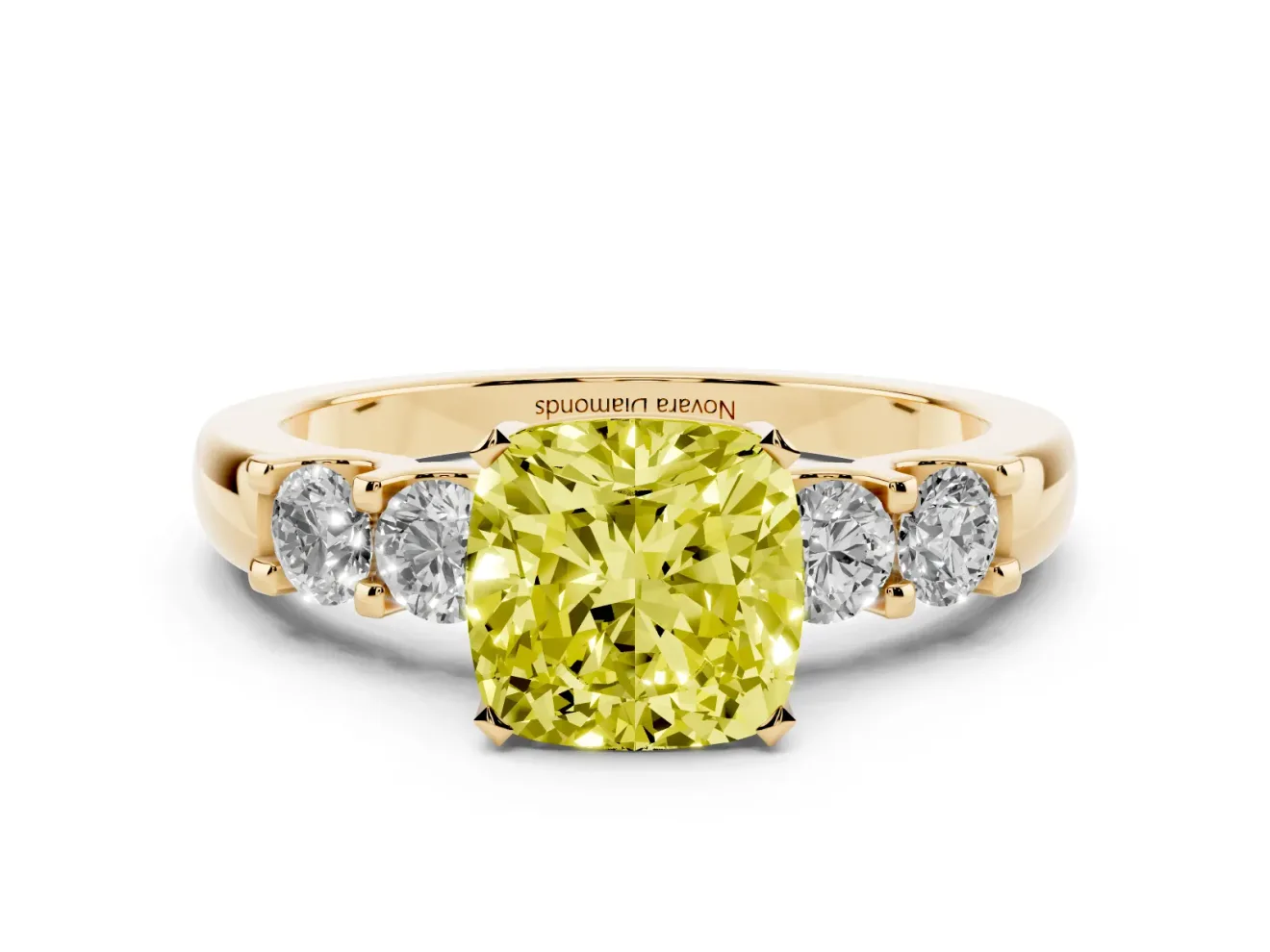 Fancy Yellow Cushion Cut Diamond Five-Stone Prong Set Engagement Ring Set in Yellow gold with Channel Band