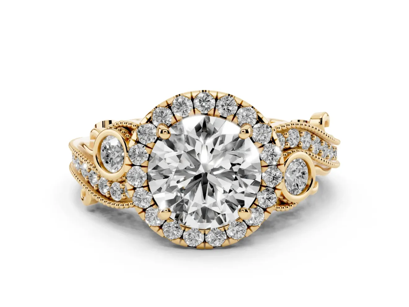 Round Cut Diamond Halo Ring Set in Yellow gold with Milgrain Pavé Band and Prong Setting