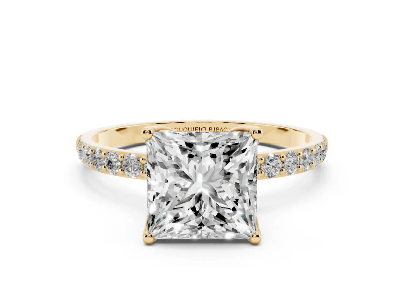 Princess Cut Pave Solitaire Engagement Ring Setting | Fine Line Pave Band | Yellow Gold