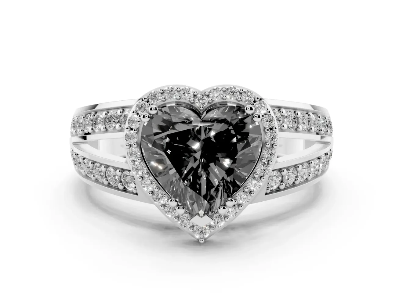 Fancy Black Heart Cut Diamond Halo Ring Set in White gold with Double Pavé Split Shank