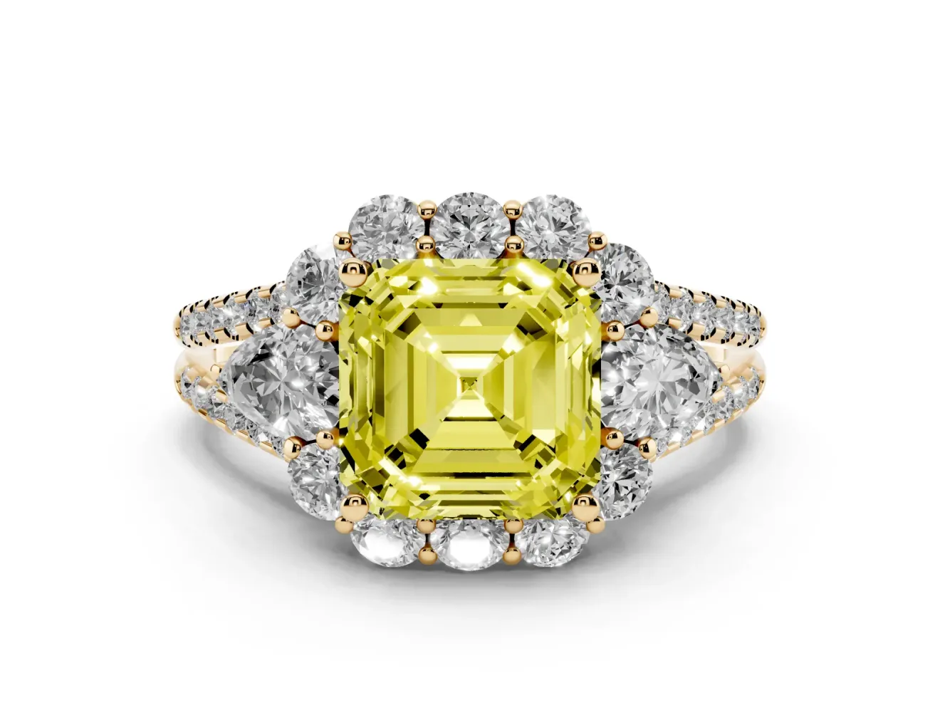 Fancy Yellow Asscher Cut Diamond Halo Split Shank Engagement Ring Set in Yellow gold with Prong-Held Center Stone