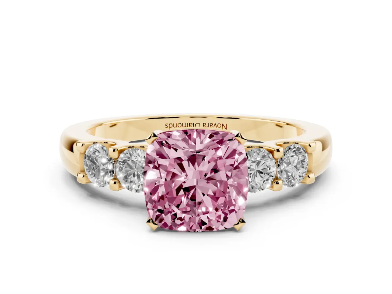 Fancy Pink Cushion Cut Diamond Five-Stone Prong Set Engagement Ring Set in Yellow gold with Channel Band