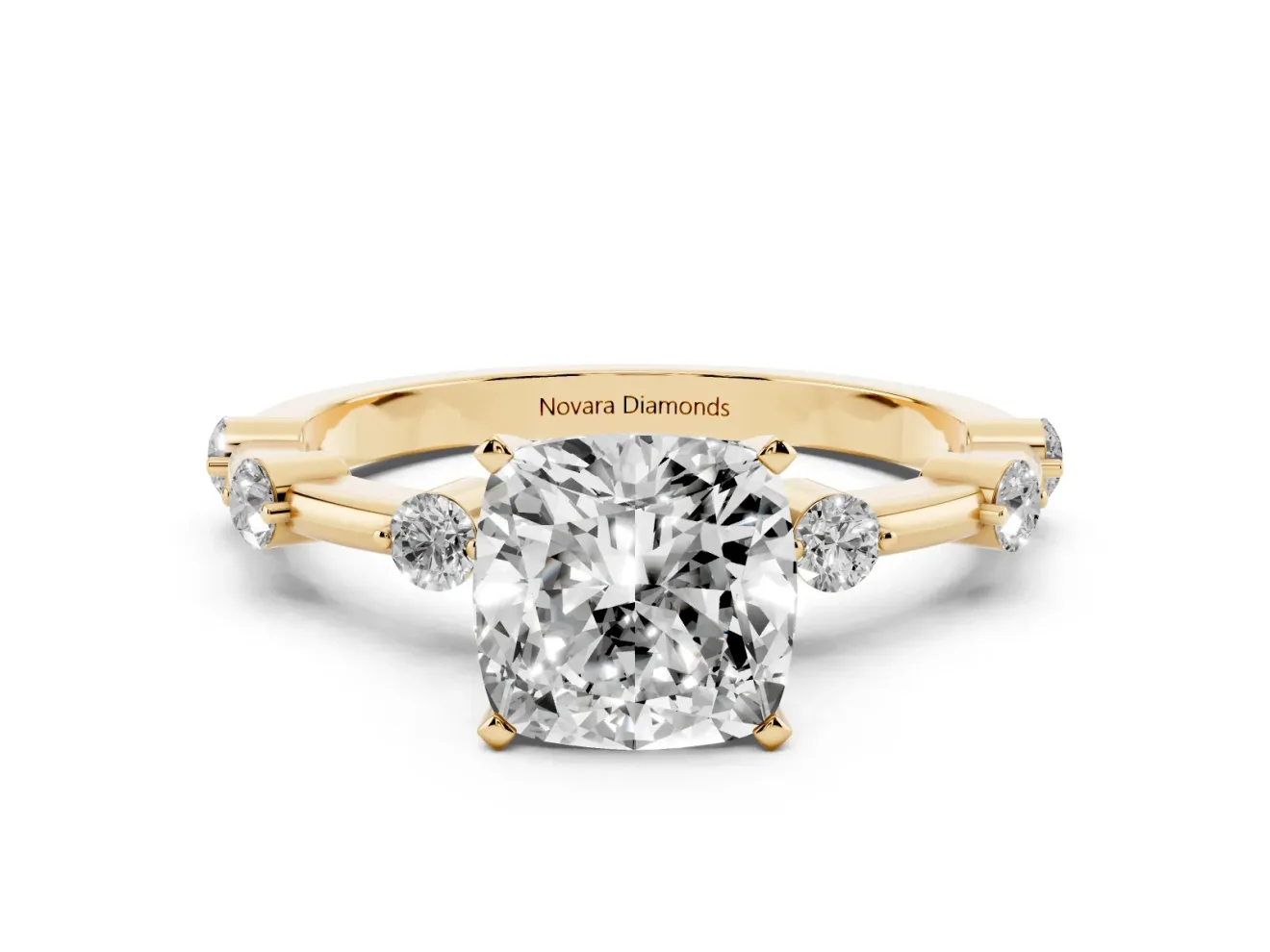 Cushion Cut Diamond Solitaire Ring Set in Yellow gold with Bezel Set Side Stones and Prong Setting