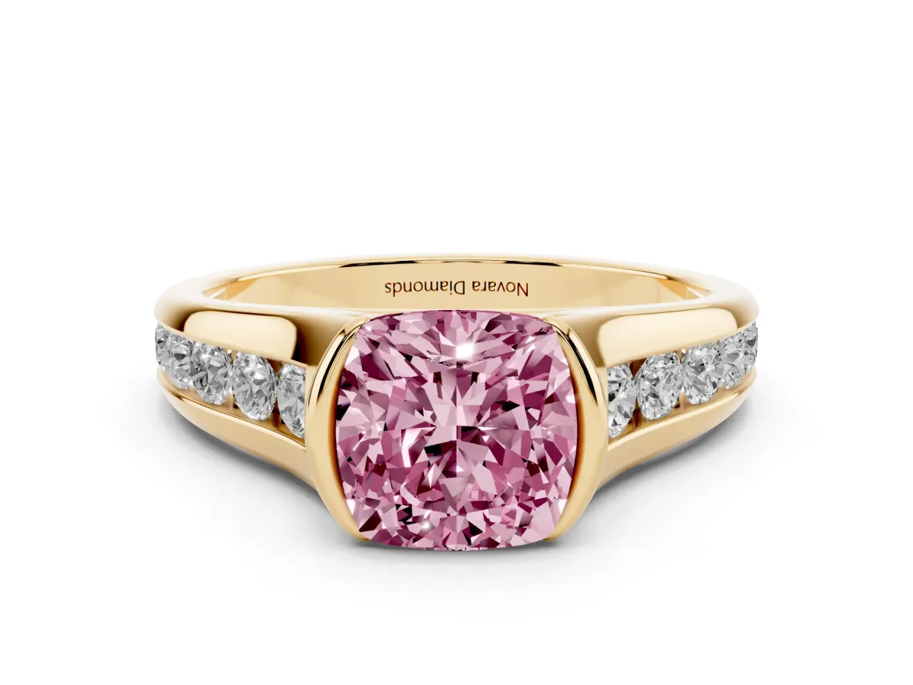 Cushion Cut Half Bezel Engagement Ring Setting for a Fancy Pink Lab-Grown Diamond | Yellow Gold