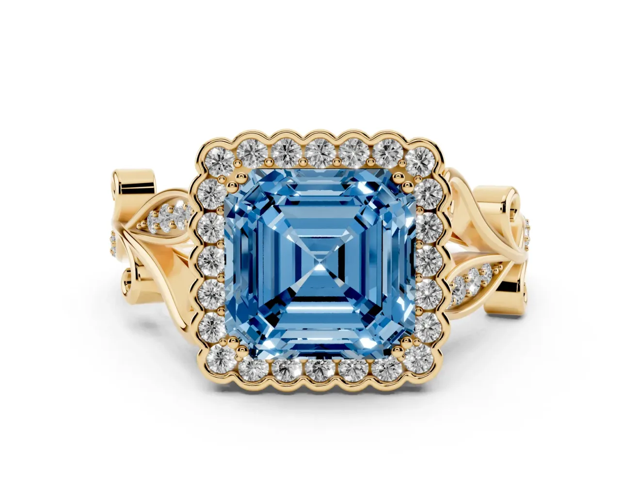 Asscher Cut Leaf Halo Engagement Ring Setting for a Fancy Blue Lab-Grown Diamond | Yellow Gold