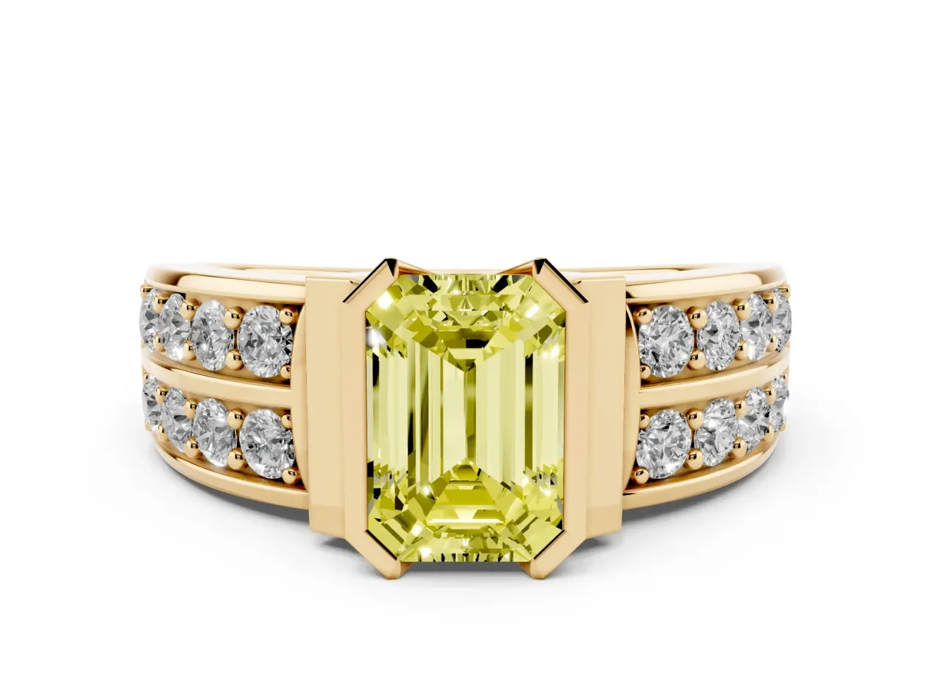 Emerald Cut Half Bezel Engagement Ring Setting for a Fancy Yellow Lab-Grown Diamond | Channel Band | Yellow Gold