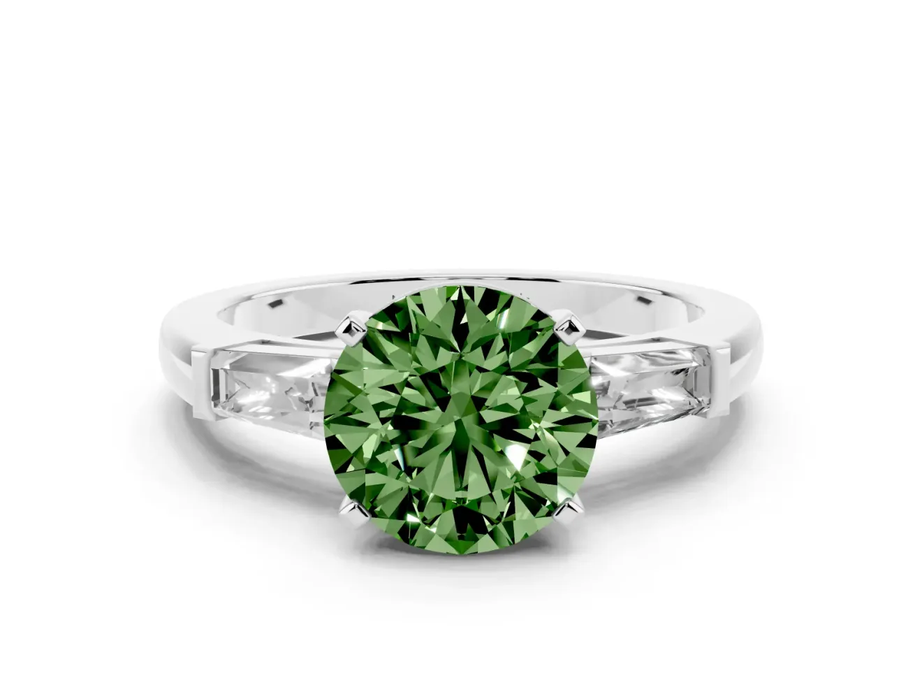 Round Three Stone Engagement Ring Setting for a Fancy Green Lab-Grown Diamond | Tapered Baguettes | Platinum