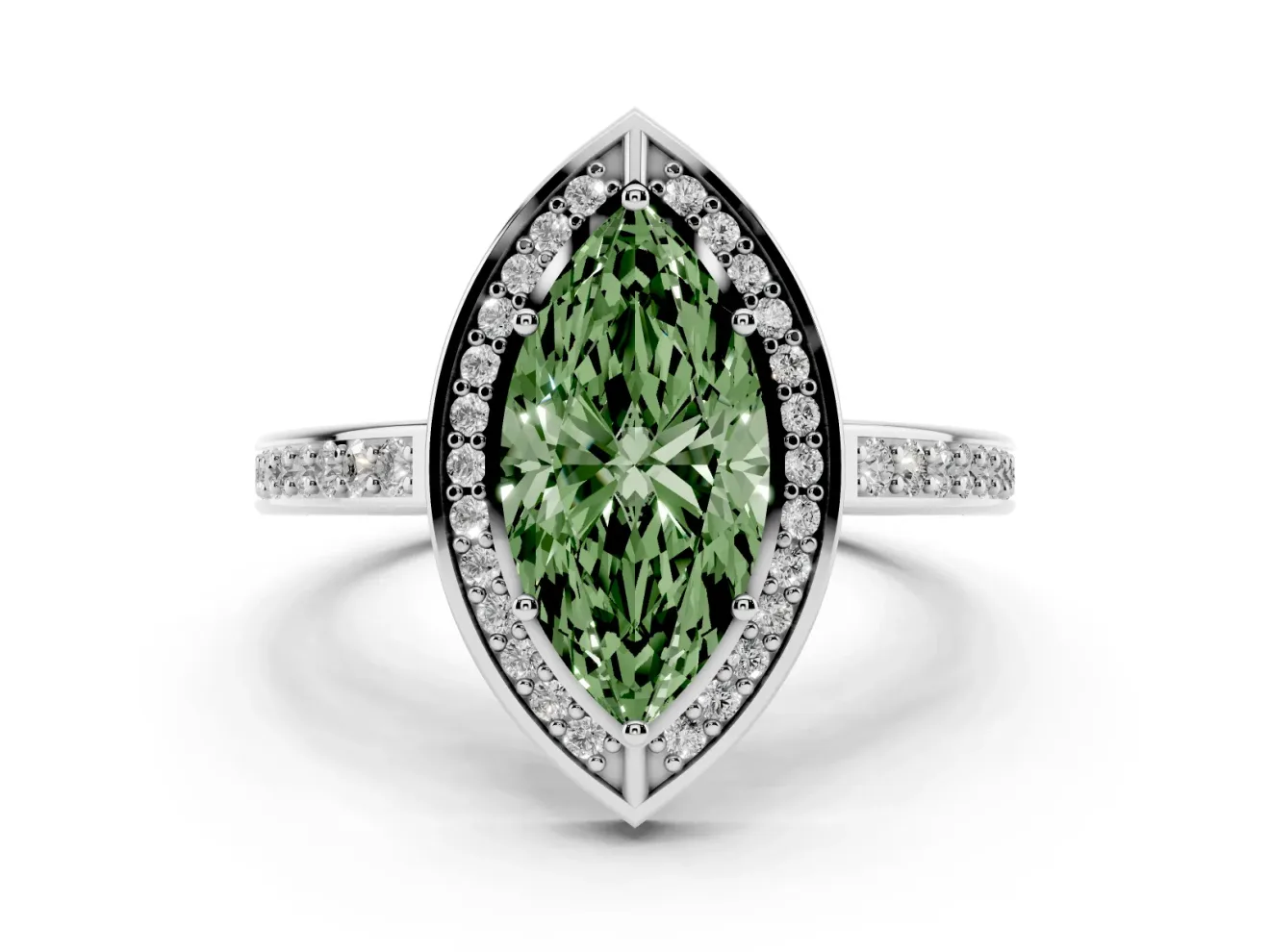 Fancy Green Marquise Cut Diamond Halo Pavé Split Shank Ring Set in Silver with Prong Setting