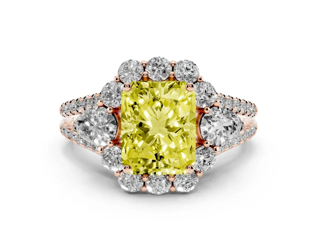 Fancy Yellow Radiant Cut Diamond Halo Split Shank Engagement Ring Set in Rose gold with Prong-Held Center Stone