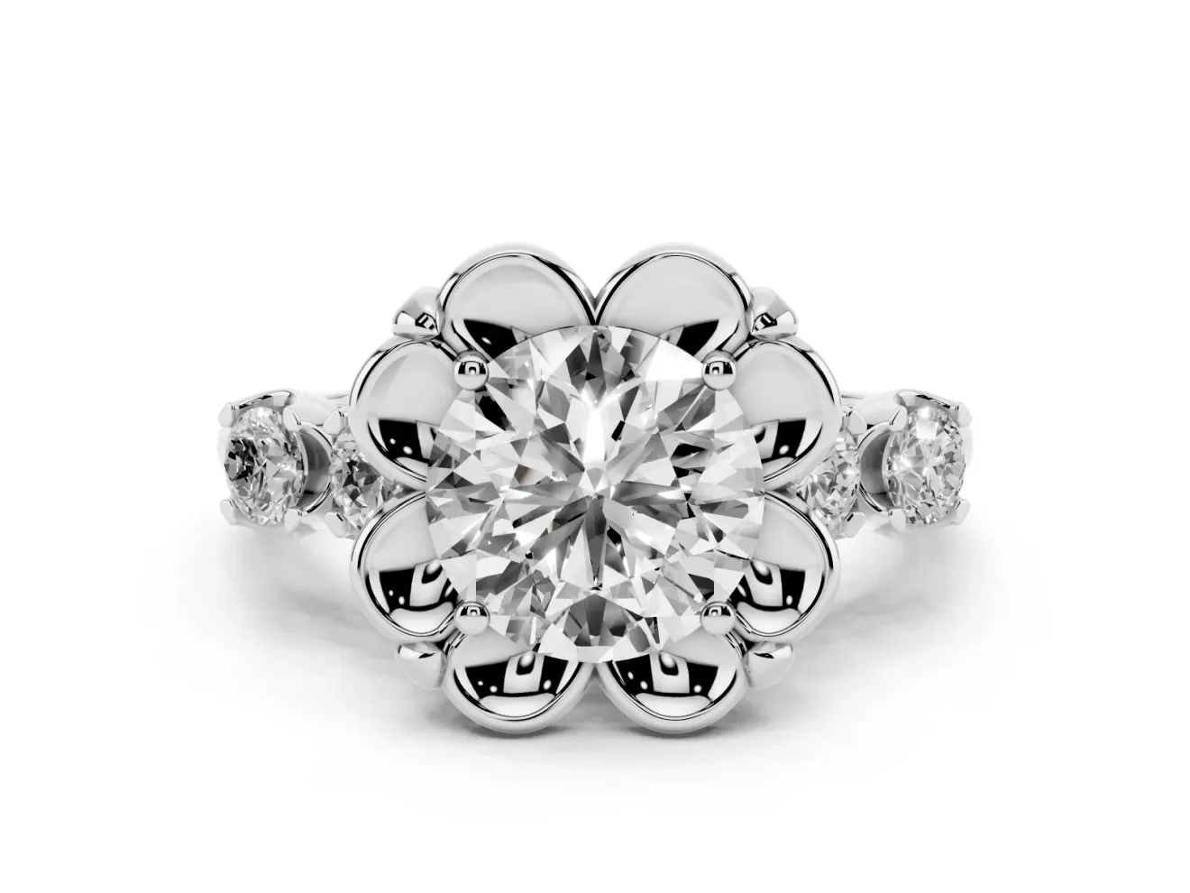Round Floral Engagement Ring Setting | Petal Frame and Side Stones | White Gold