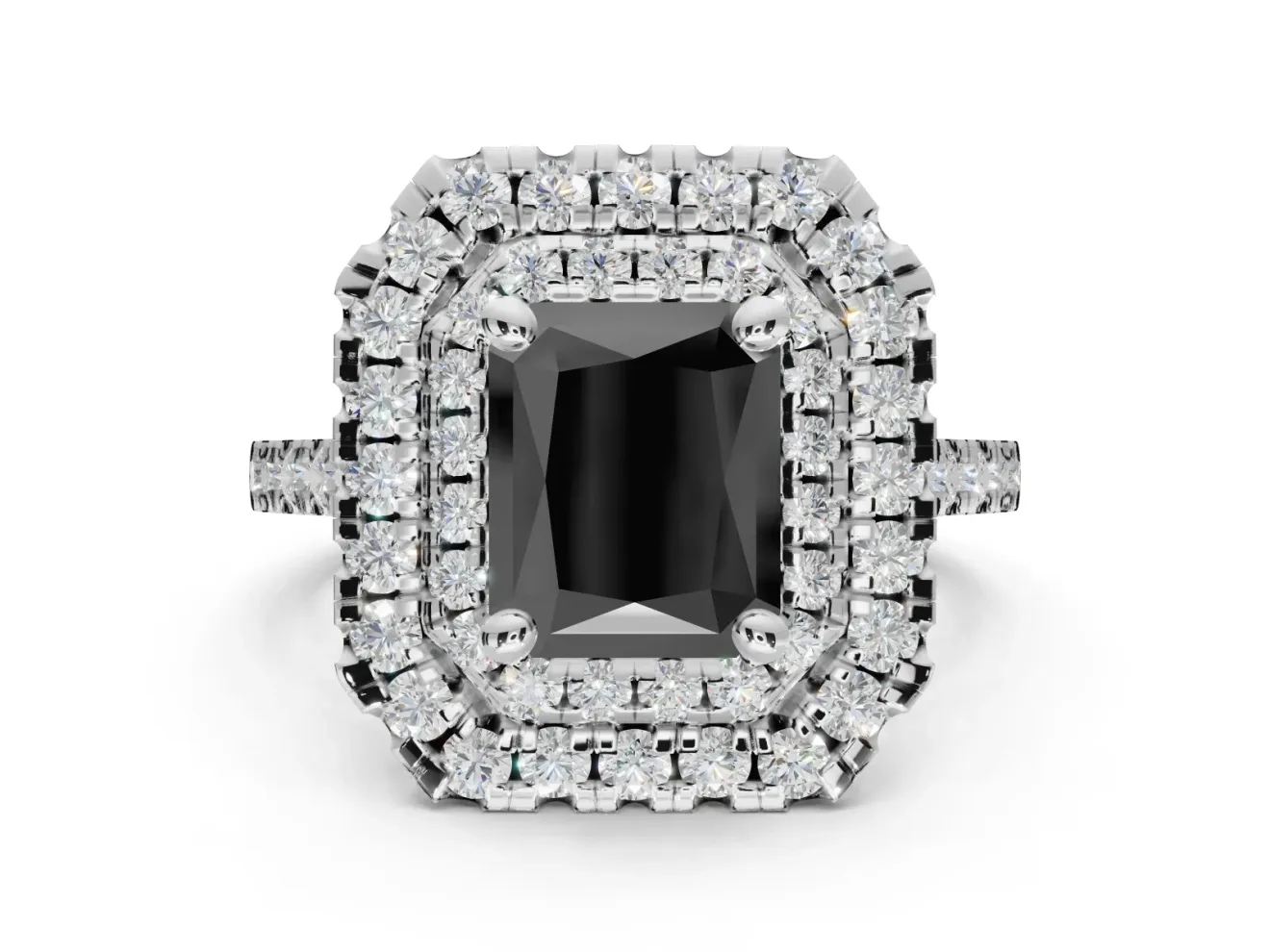 Fancy Black Radiant Cut Lab-Grown Diamond Double Halo Statement Ring Set in Sterling Silver with Pavé Band