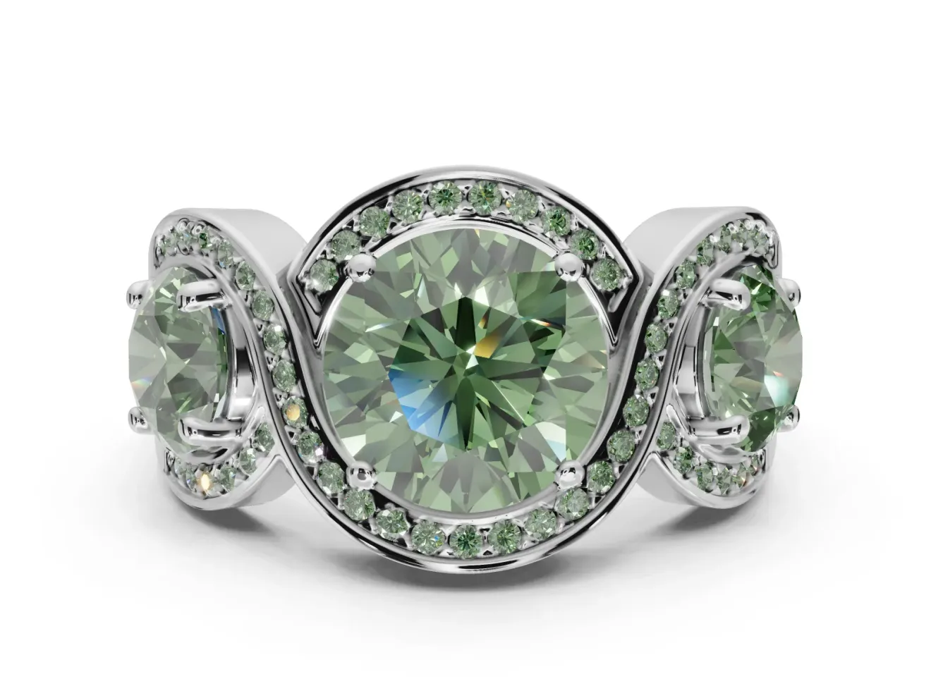 Round Three Stone Halo Engagement Ring Setting for a Fancy Green Lab-Grown Diamond | Pavé Wave Band | Sterling Silver