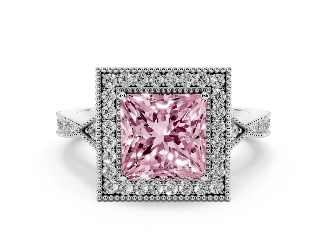 Fancy Pink Princess Cut Diamond Halo Engagement Ring Set in White gold with Milgrain Pavé Band