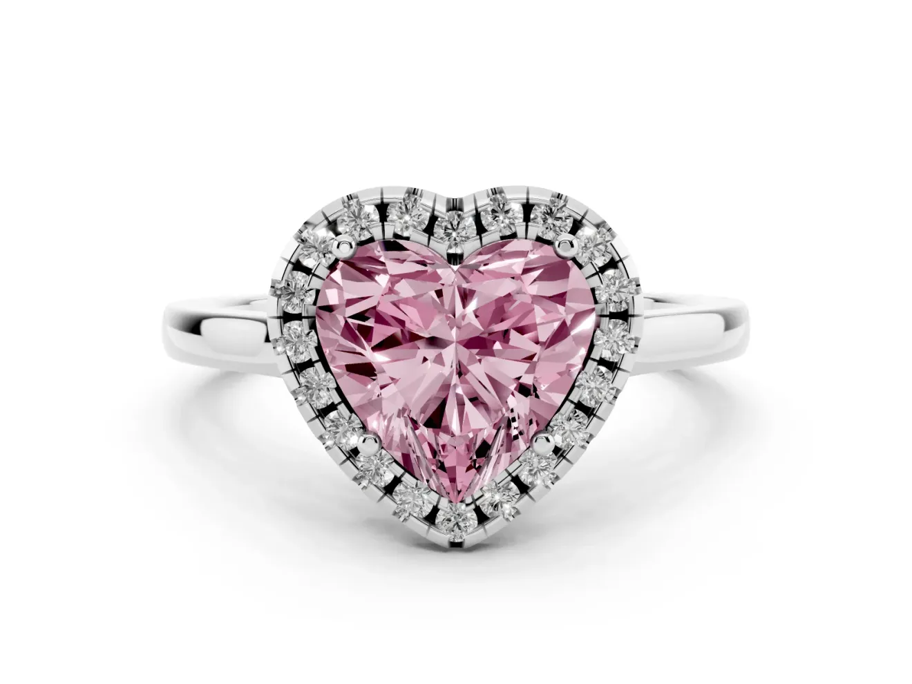 Fancy Pink Heart Cut Halo Round Diamond Solitaire Ring Set in Platinum with Pavé Band and Prong Setting
