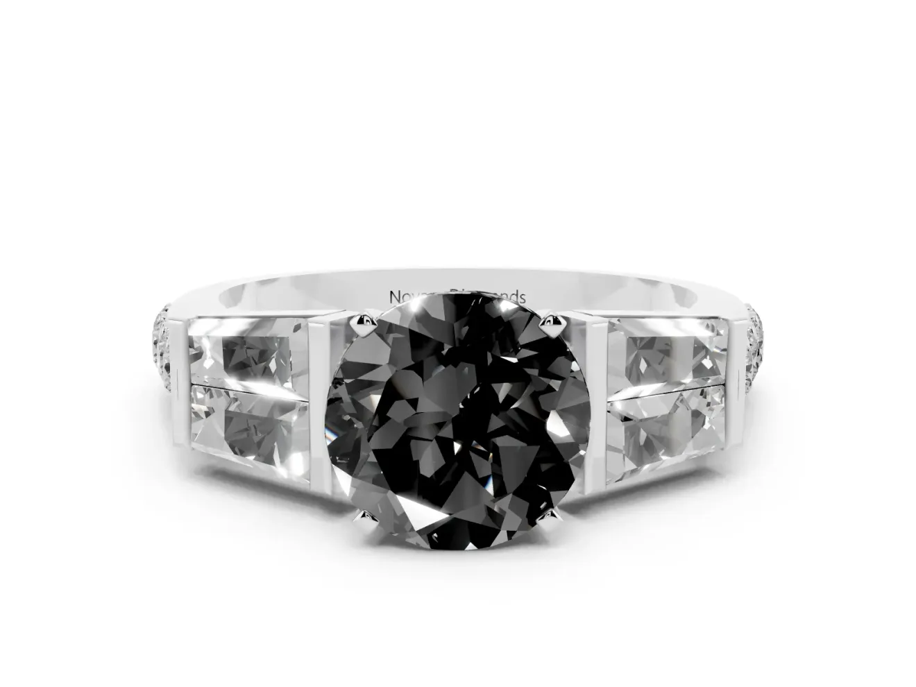 Fancy Black Round Cut Diamond Engagement Ring Set in Platinum with Baguette Side Stones and Channel Set Band