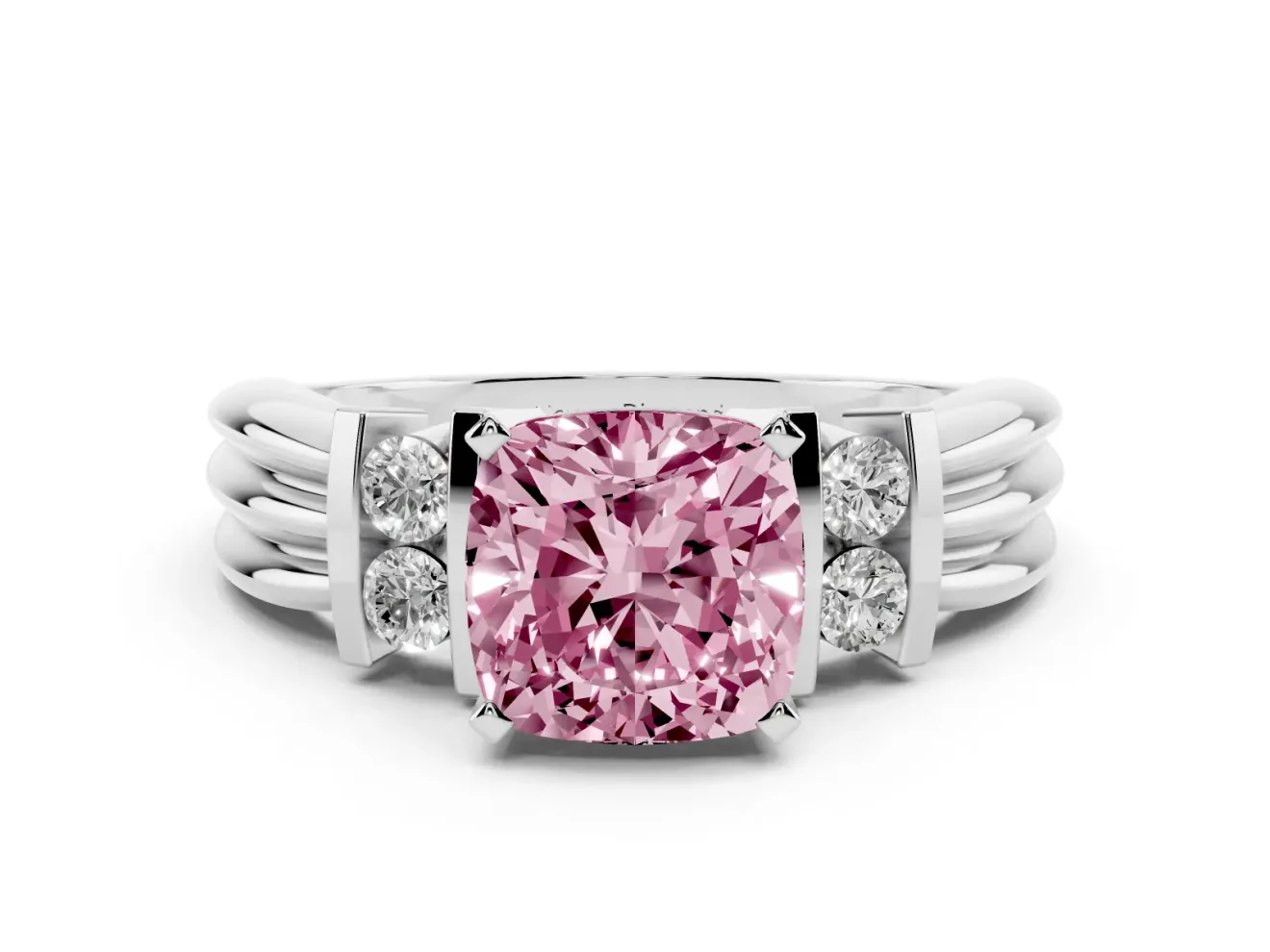 Fancy Pink Three-Stone Cushion Cut Diamond Channel Set Ring Set in Platinum with Bar Prongs