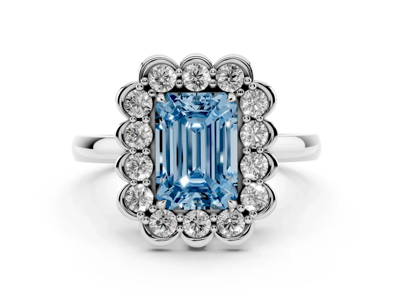 Emerald Cut Scalloped Cluster Halo Engagement Ring Setting for a Fancy Blue Lab-Grown Diamond | Plain Band | Platinum